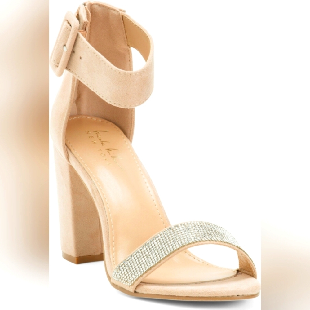 Nicole Miller New York Nude Ankle Strap Heels Size 8.5 | Zip Back Rhinestone
